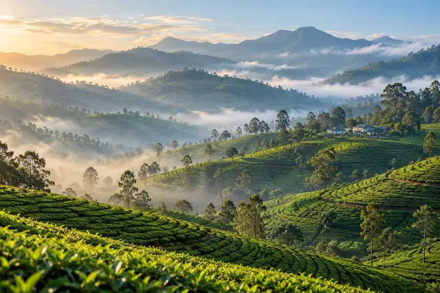 Illustrative misty hill-country landscape